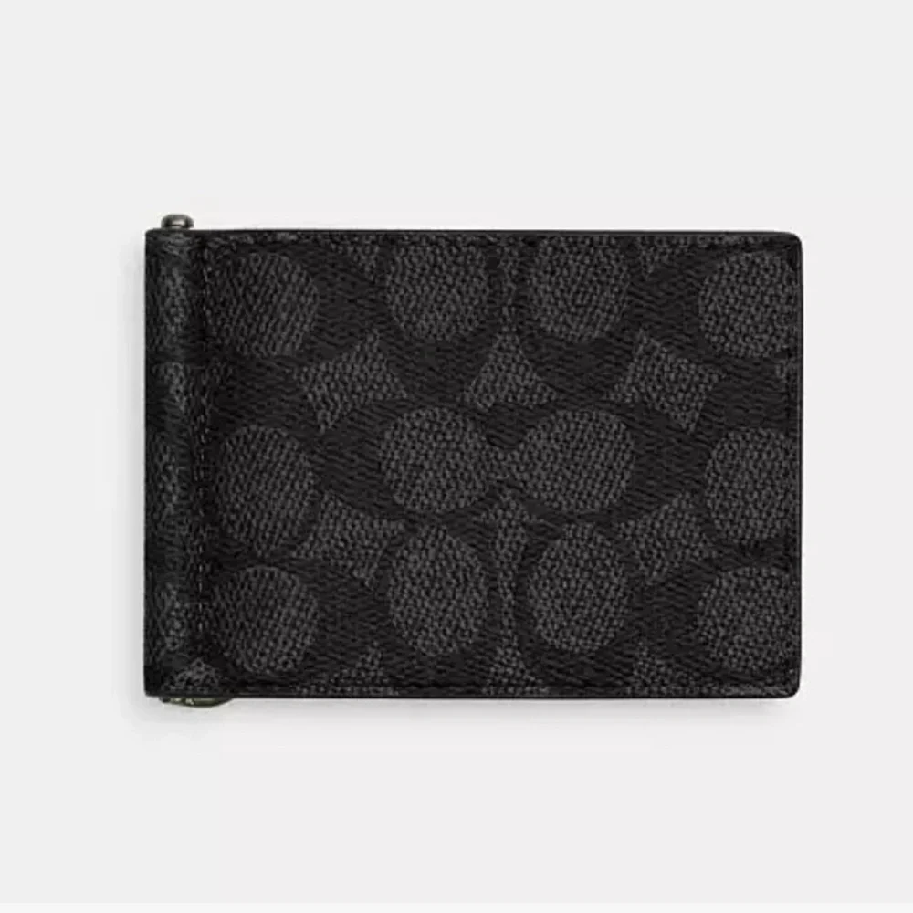 COACH SLIM MONEY CLIP BILLFOLD WALLET BLACK/GRAY SIGNATURE CANVAS NEW GIFT WRAP